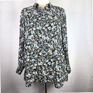 J. Jill Floral Print Blouse Button Secretary Black/Blue Casual Women's‎ Petite M
